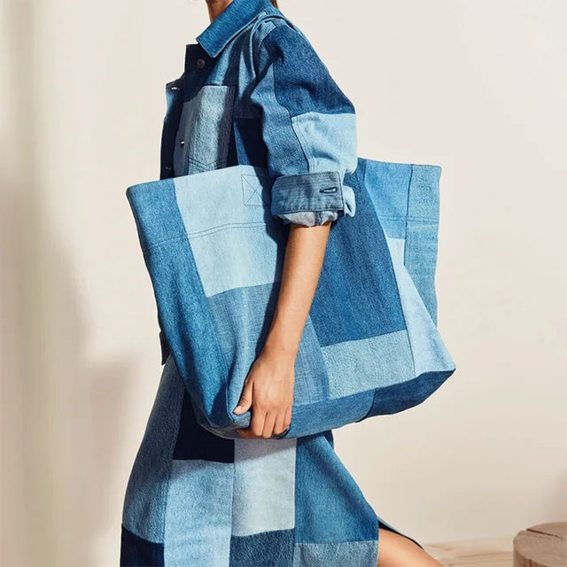 Spring Summer New Women's Color-matching Stitching Denim Bag Adult Versatile Large-capacity Shopping Bag Ladies Tote Bag