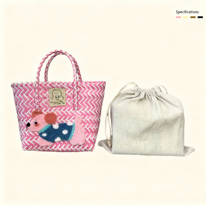 Large capacity sausage dog hand woven cabbage basket rattan woven handbag office miscellaneous carry bag picnic women's bag