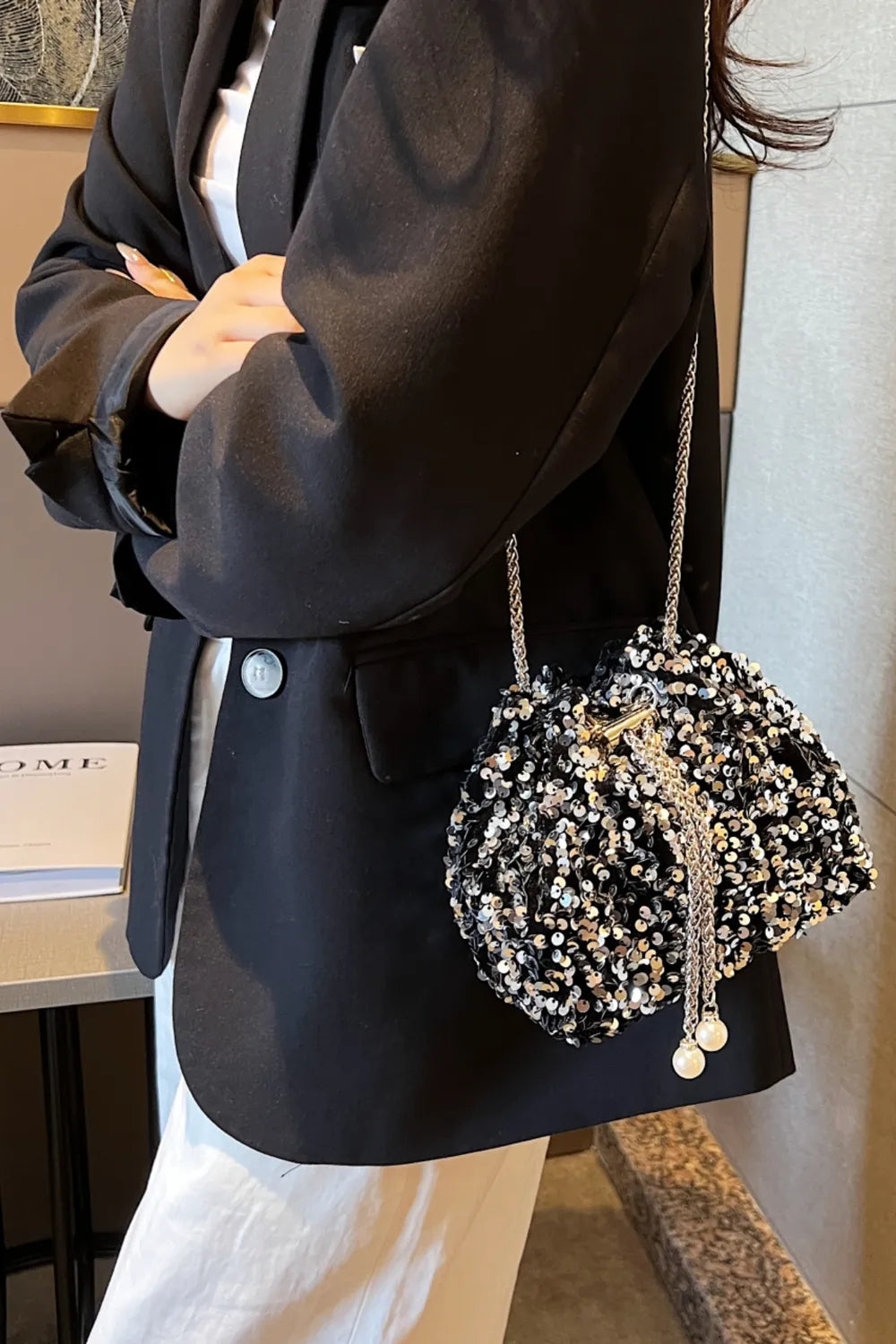 Sequin Chain Nylon Crossbody Bucket Bag