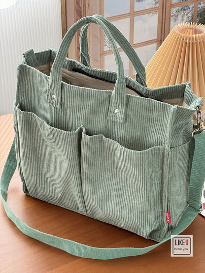 Autumn Winter Multi-Pocket Thick Corduroy Simple Commuter Tote Student Leisure Literary Handbag Shoulder Bag