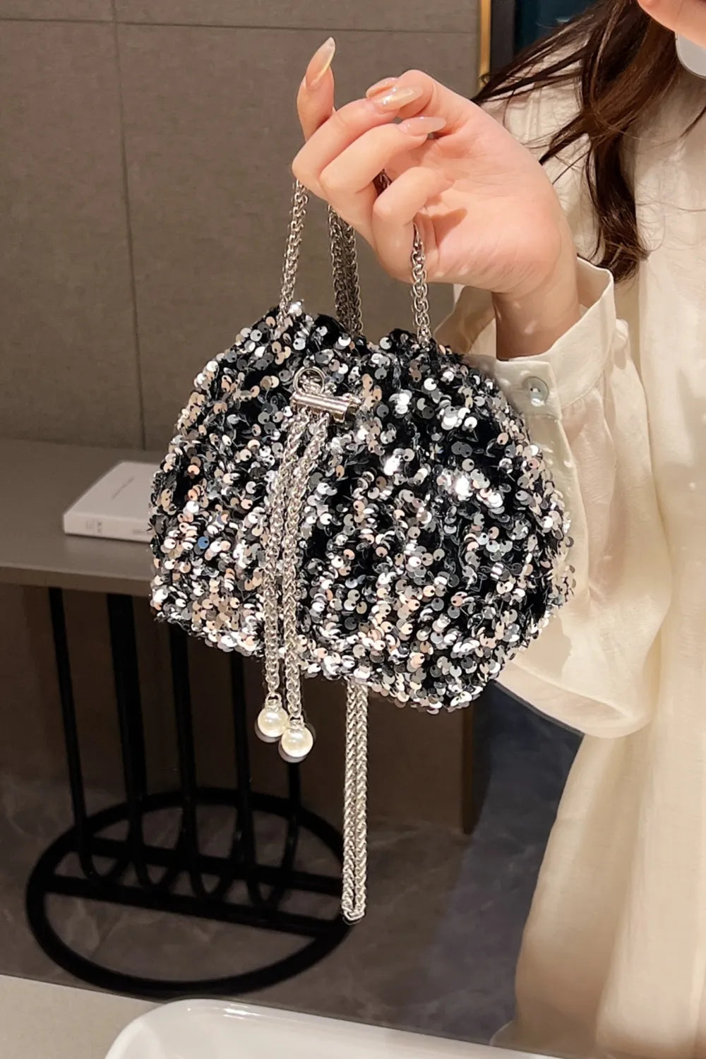 Sequin Chain Nylon Crossbody Bucket Bag