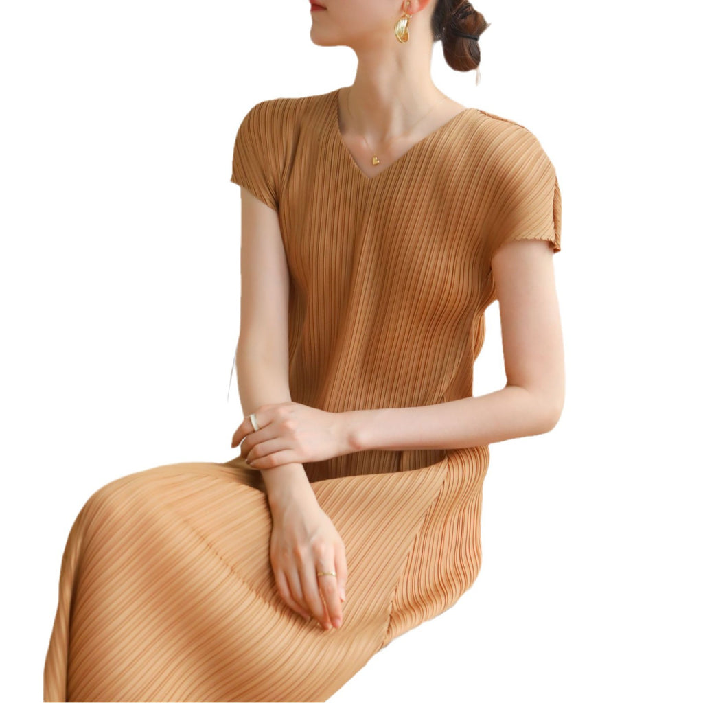 Elegant Fashion V-Neck Dress with Pleated Design Simple and Stylish, High-Quality Material