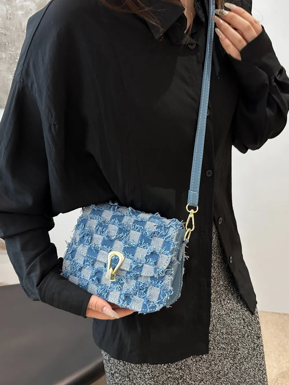 Checkered Raw Hem Adjustable Strap Crossbody Bag