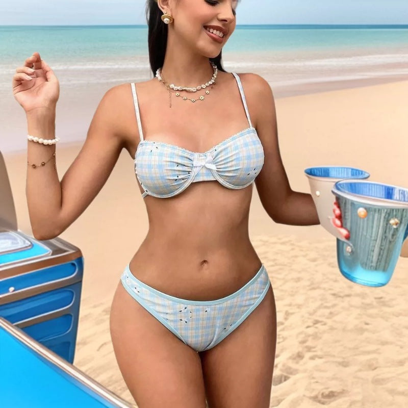 Lace up plaid split swimsuit