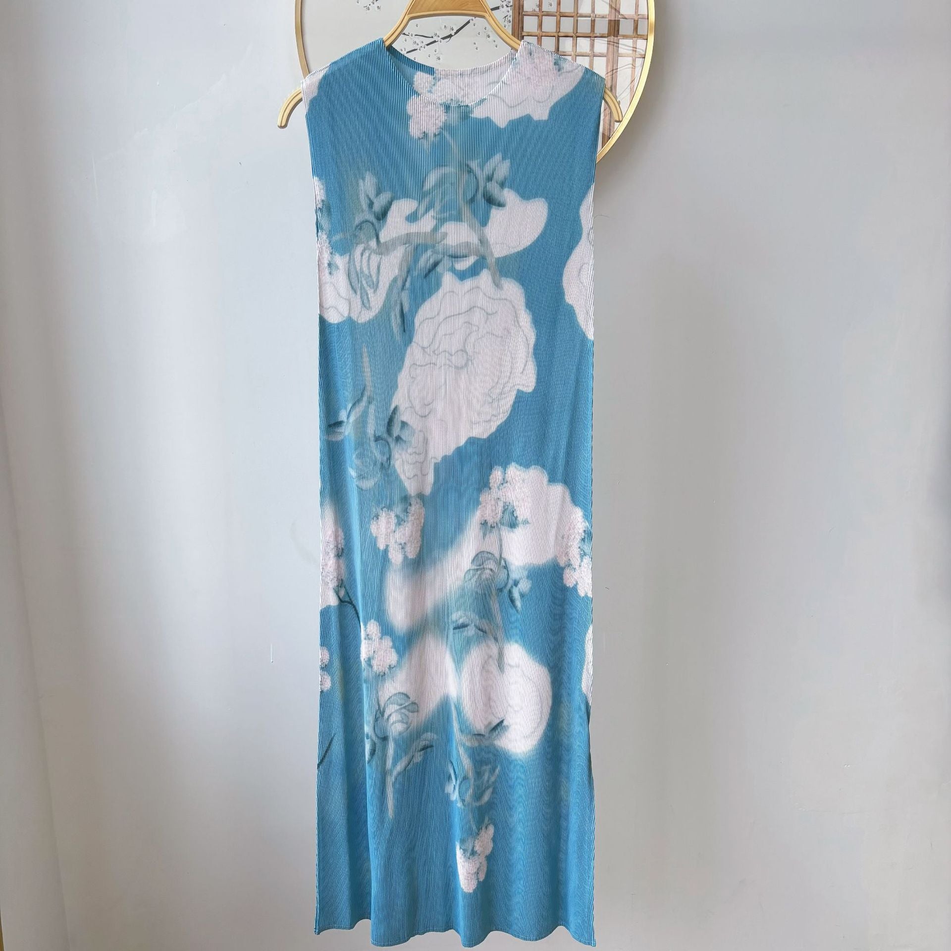 Elegant Chinese Print Pleated Dress for Office Wear Modern Cheongsam Design