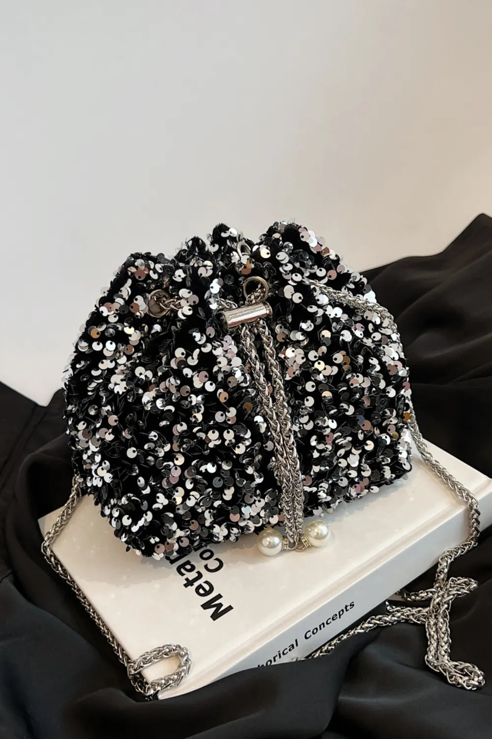 Sequin Chain Nylon Crossbody Bucket Bag
