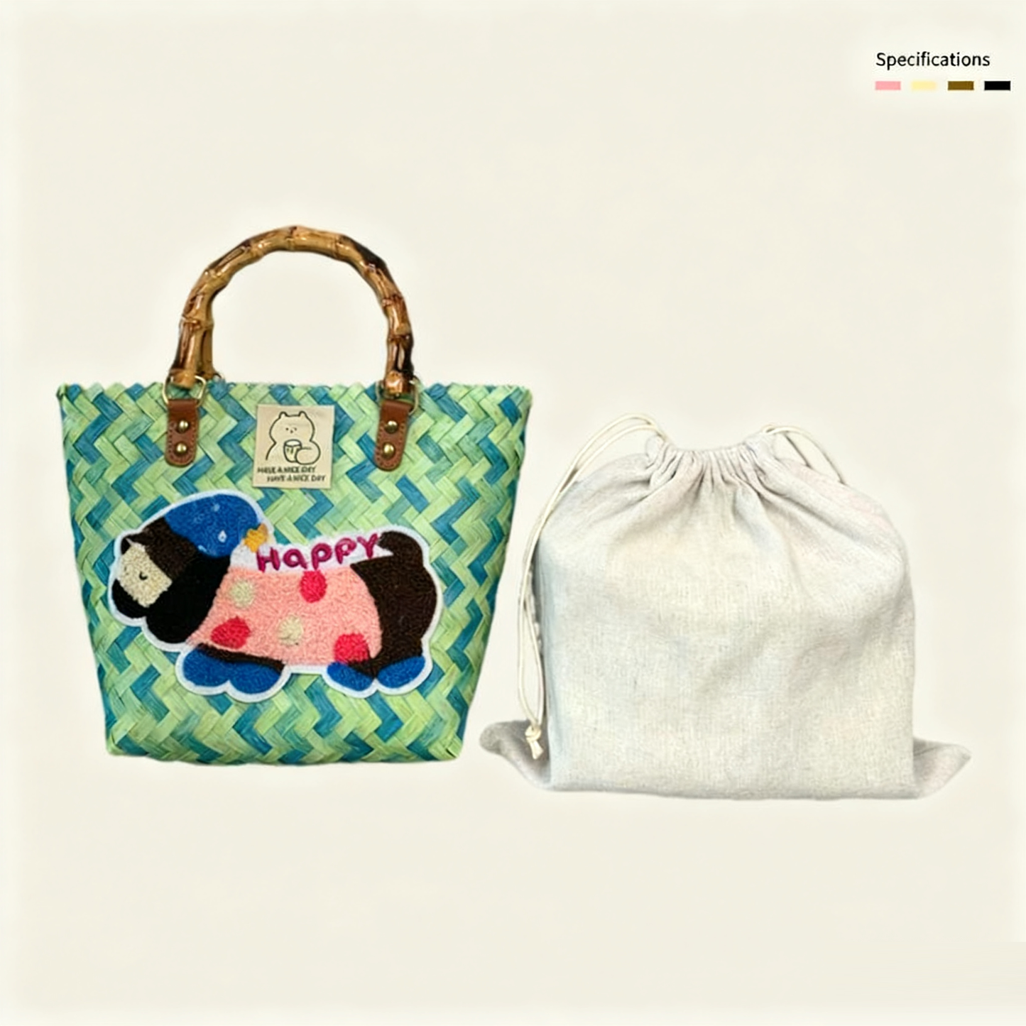 Large capacity sausage dog hand woven cabbage basket rattan woven handbag office miscellaneous carry bag picnic women's bag