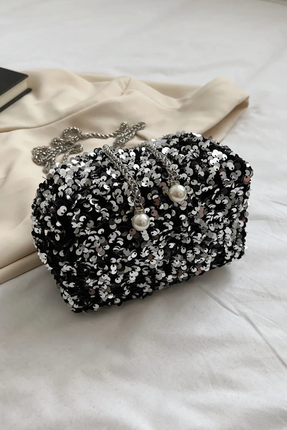 Sequin Chain Nylon Crossbody Bucket Bag