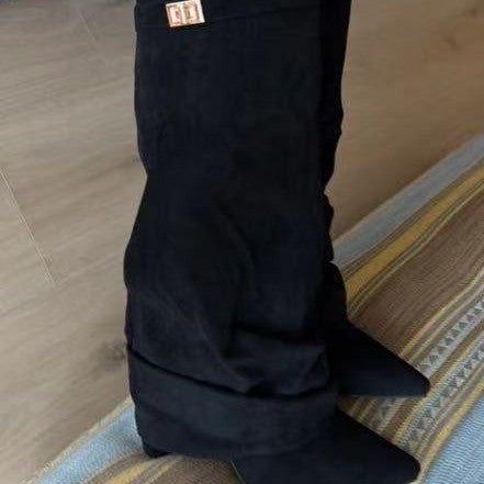 Boots with pointed toes large tube circumference straight tube metal buckle medium length tube thick heel women's boots