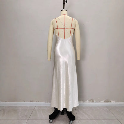 V-neck backless solid color long dress