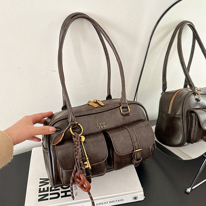 Korean-style Retro Shoulder Bag Fashion Trendy Casual Boston Bag Stylish Bowling Bag