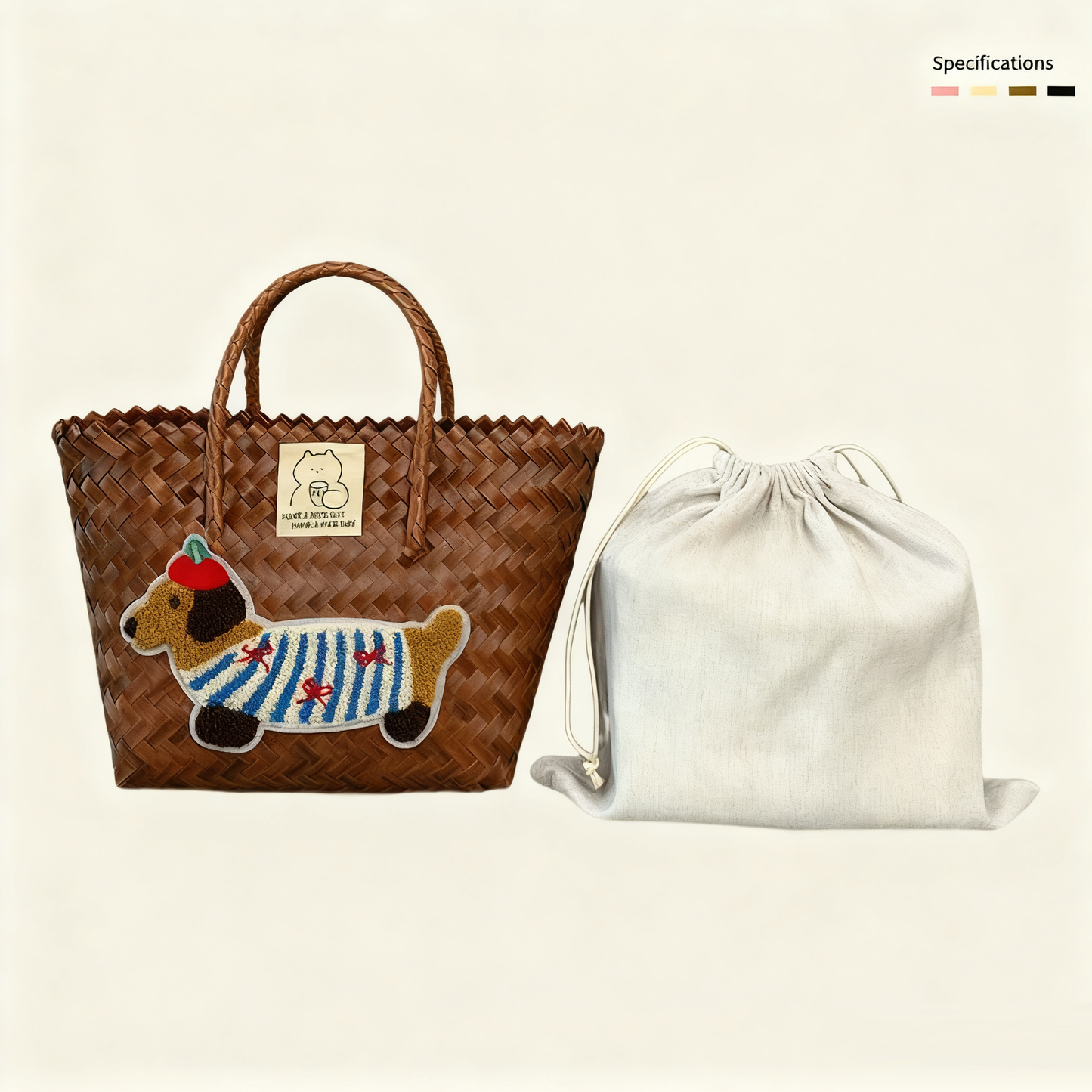 Large capacity sausage dog hand woven cabbage basket rattan woven handbag office miscellaneous carry bag picnic women's bag