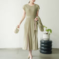 High-end Pleated Drawstring Slim Waist Round Neck Elegant Commute Dress