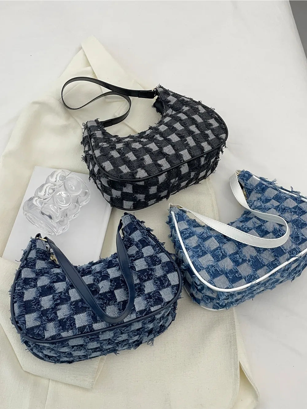 Checkered Raw Hem Shoulder Bag