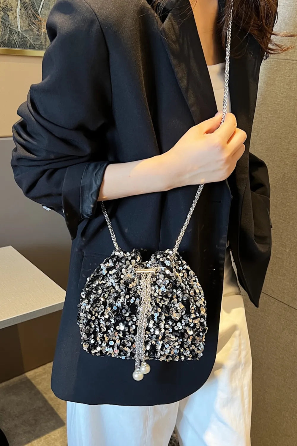 Sequin Chain Nylon Crossbody Bucket Bag