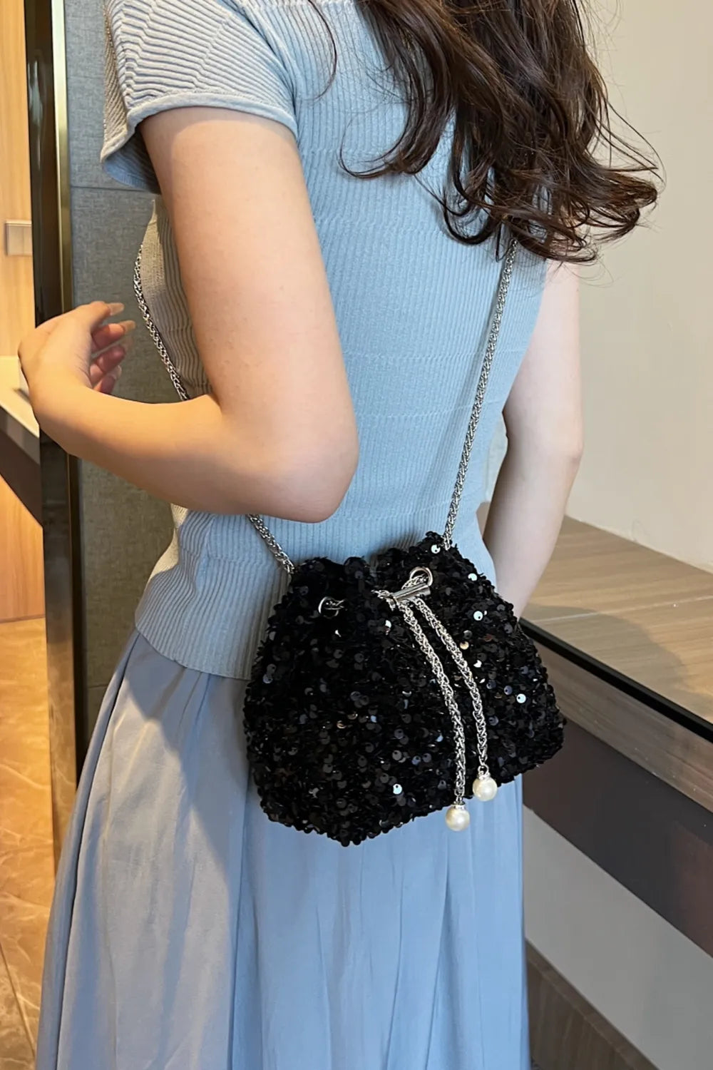 Sequin Chain Nylon Crossbody Bucket Bag