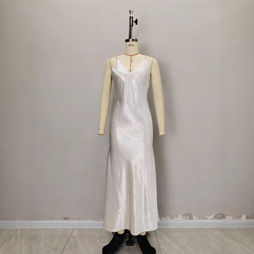 V-neck backless solid color long dress