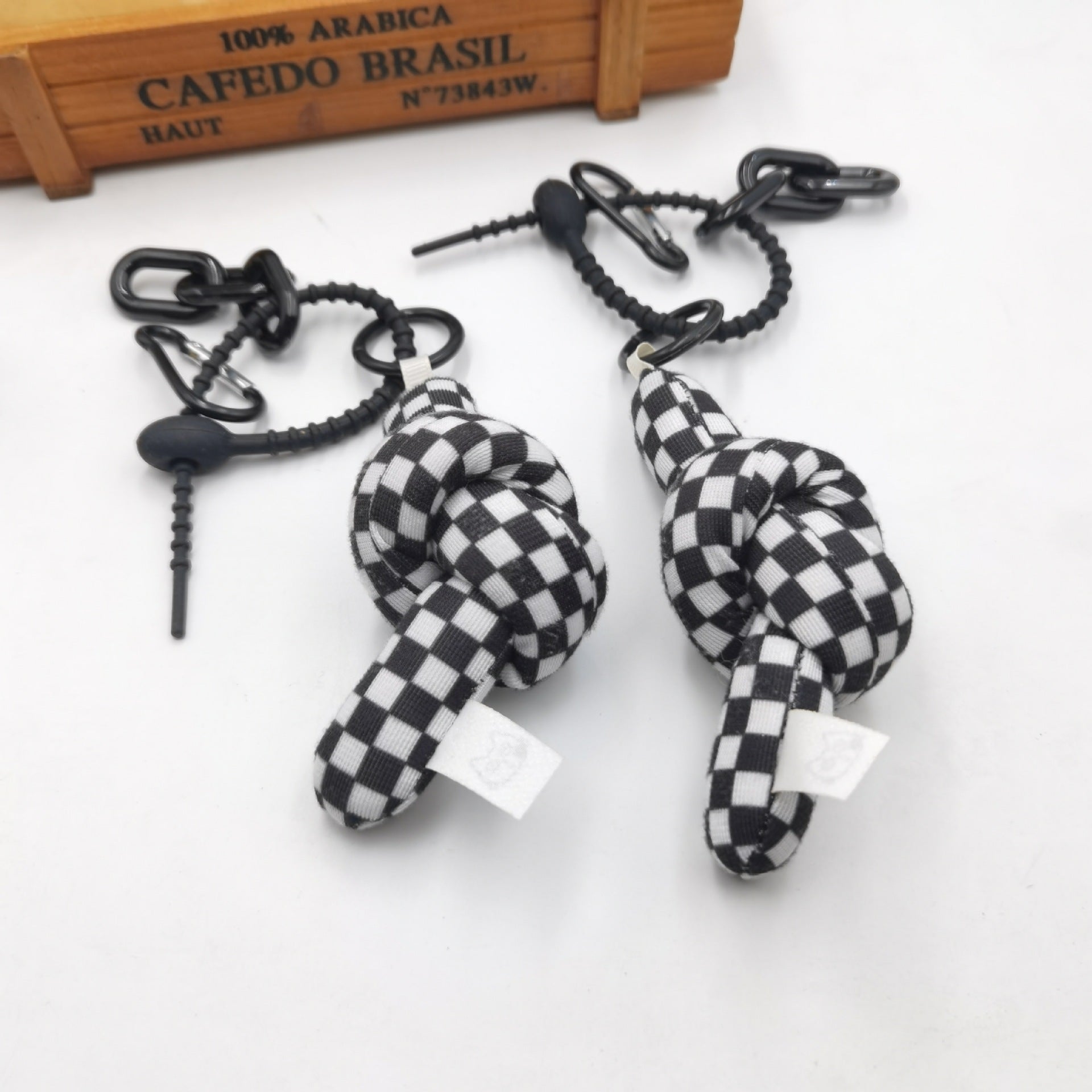 Black And White Sweet And Cool Twist Pendant Female Creative Checkerboard Keychain Bag Pendant Fabric Bag Accessories