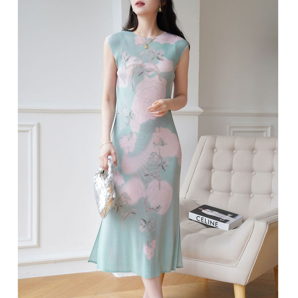 Elegant Chinese Print Pleated Dress for Office Wear Modern Cheongsam Design