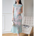 Elegant Chinese Print Pleated Dress for Office Wear Modern Cheongsam Design