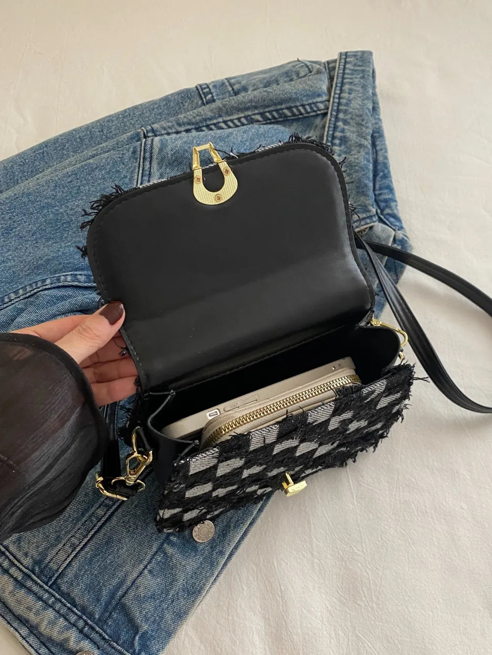 Checkered Raw Hem Adjustable Strap Crossbody Bag
