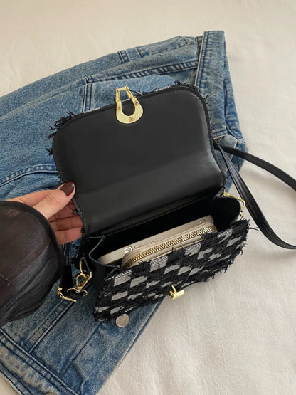 Checkered Raw Hem Adjustable Strap Crossbody Bag