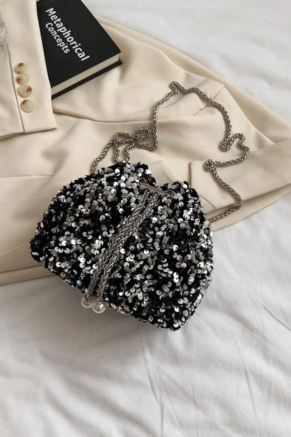 Sequin Chain Nylon Crossbody Bucket Bag