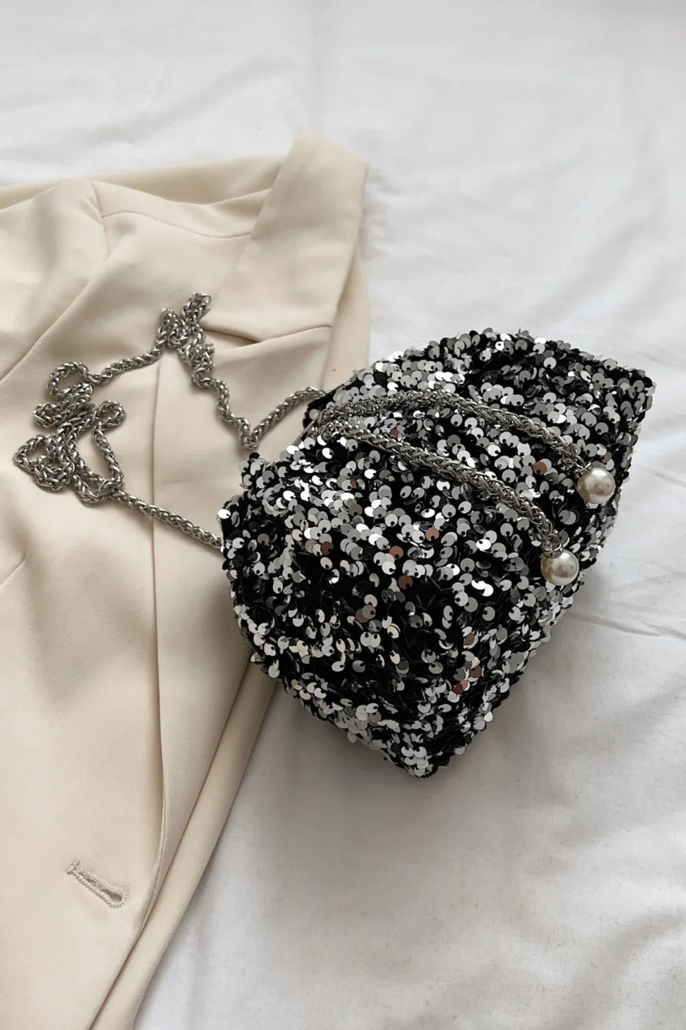 Sequin Chain Nylon Crossbody Bucket Bag