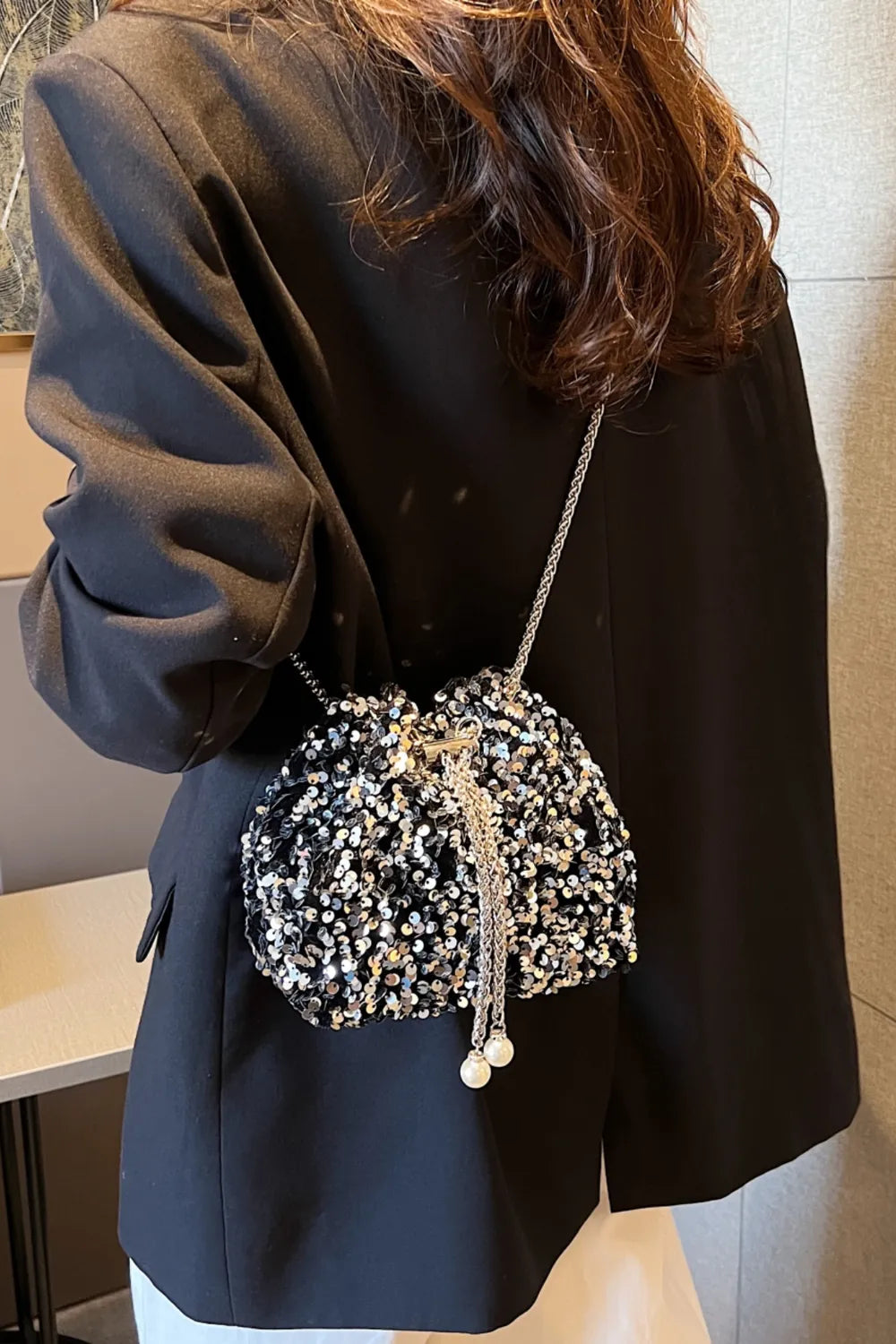 Sequin Chain Nylon Crossbody Bucket Bag