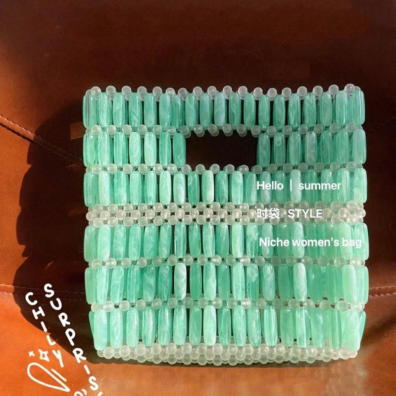 Summer Small Fresh Women's Bag Customized Crystal Bags New Fashion INS Handmade Acrylic Beaded Transparent Panel Green Handbag