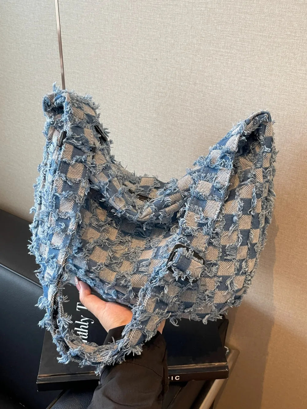 Checkered Raw Edge Denim Shoulder Bag
