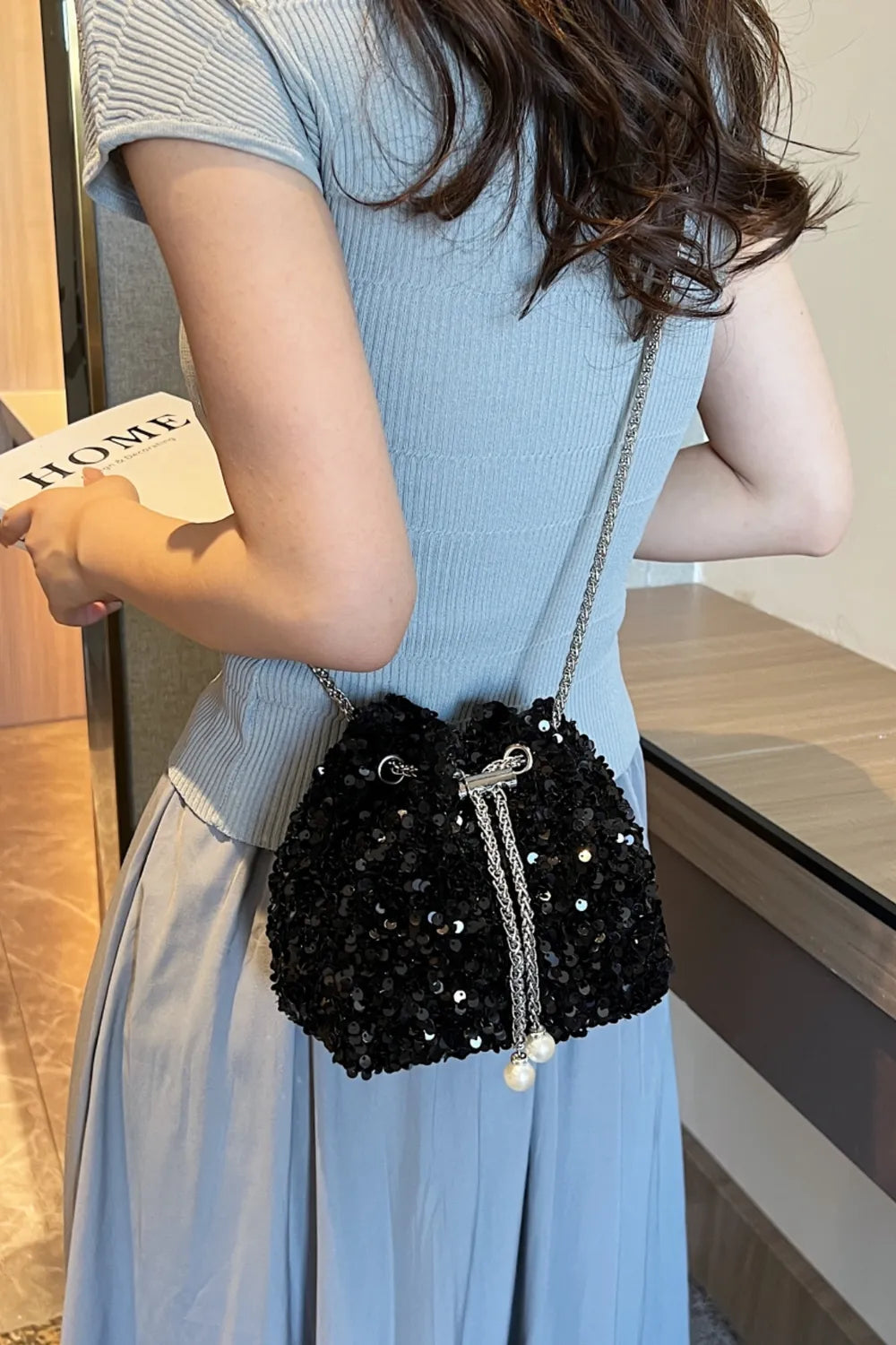 Sequin Chain Nylon Crossbody Bucket Bag