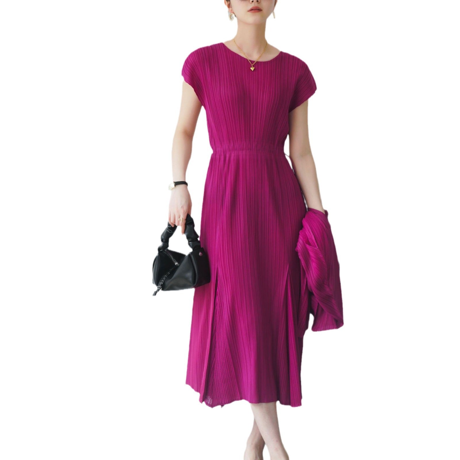 High-end Pleated Drawstring Slim Waist Round Neck Elegant Commute Dress