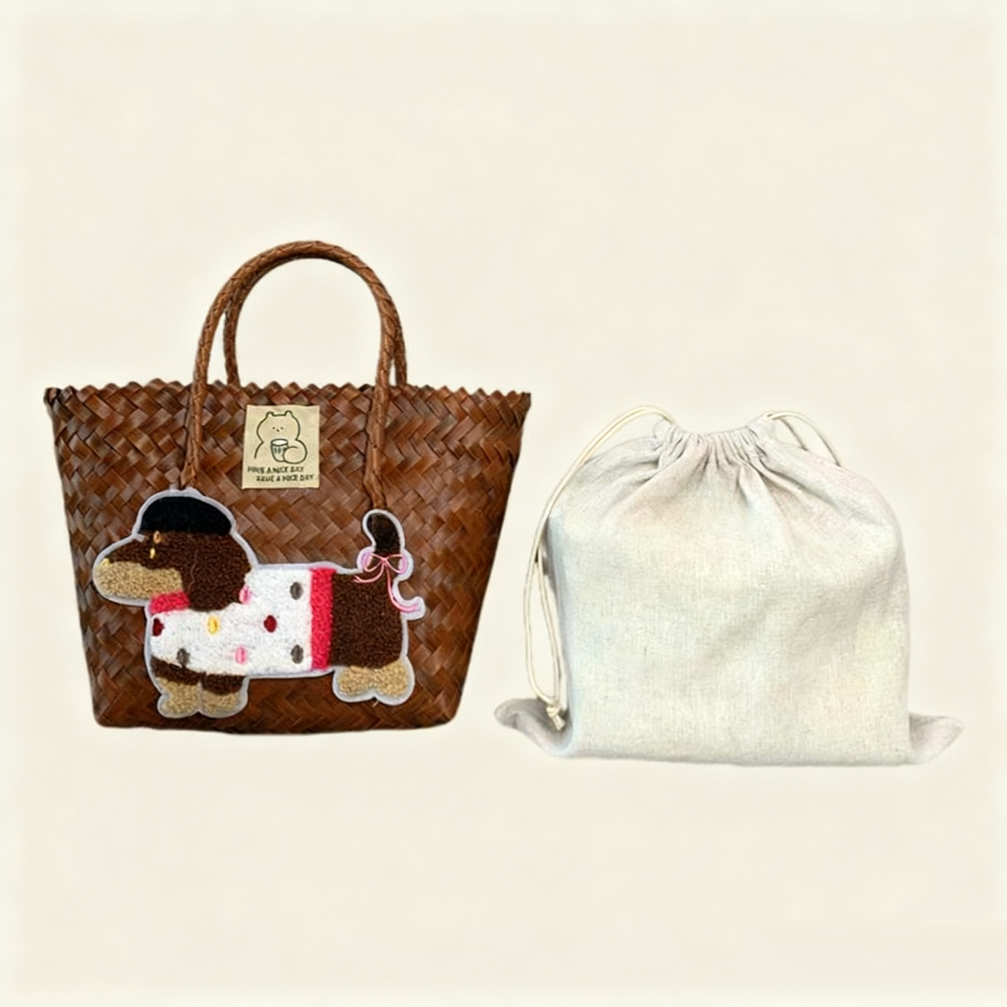 Large capacity sausage dog hand woven cabbage basket rattan woven handbag office miscellaneous carry bag picnic women's bag