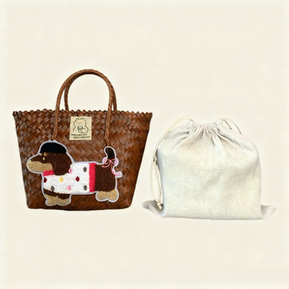 Large capacity sausage dog hand woven cabbage basket rattan woven handbag office miscellaneous carry bag picnic women's bag