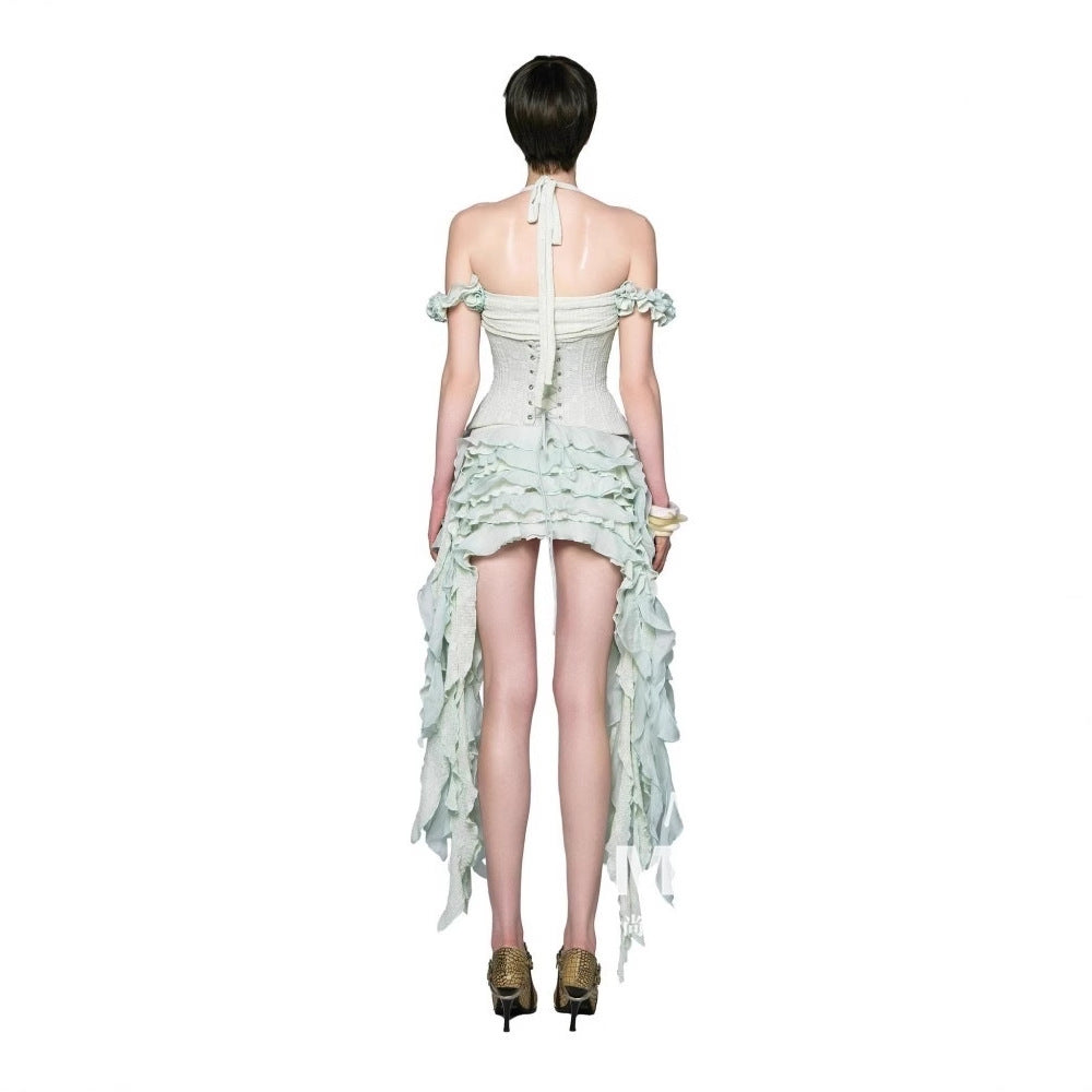 Feng Moti Kim Hyun-ah Style Vietnamese Small Brand Design Flare Irregular Fringe Maxi Dress with Strap Neckline