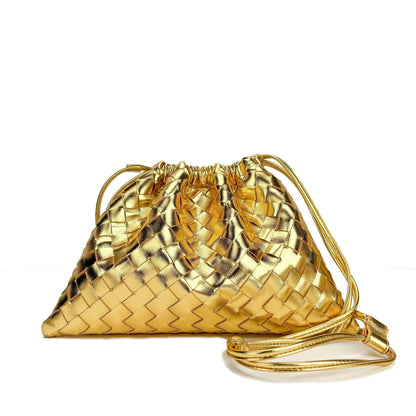 Elegant Fashion Genuine Leather Quilted Shoulder Crossbody Magnetic Snap Drawstring Closure Woven Clutch Bag