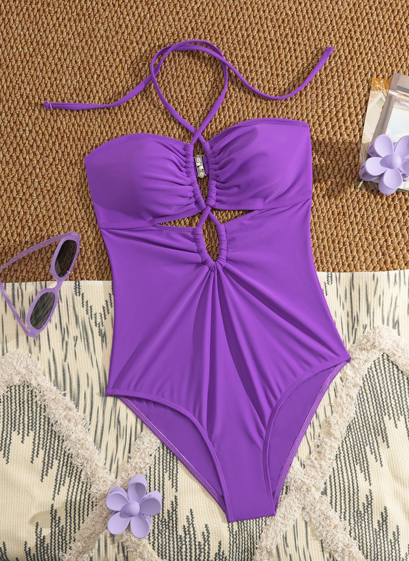 Hollow solid color one-piece swimsuit for women