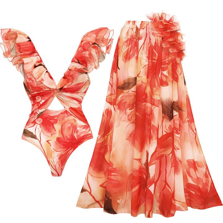 V-Neck Hollow Out Ruffle One-Piece Swimsuit Women's Set