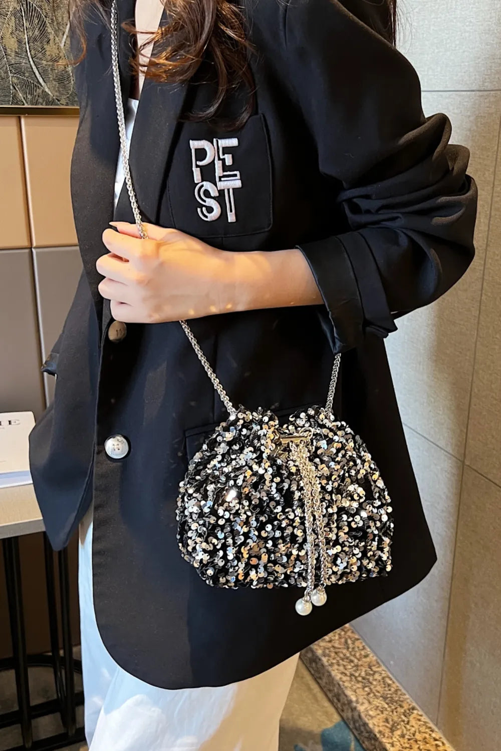 Sequin Chain Nylon Crossbody Bucket Bag