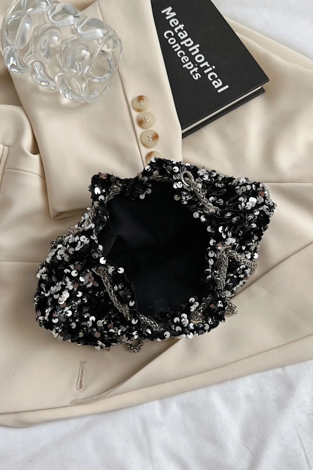 Sequin Chain Nylon Crossbody Bucket Bag