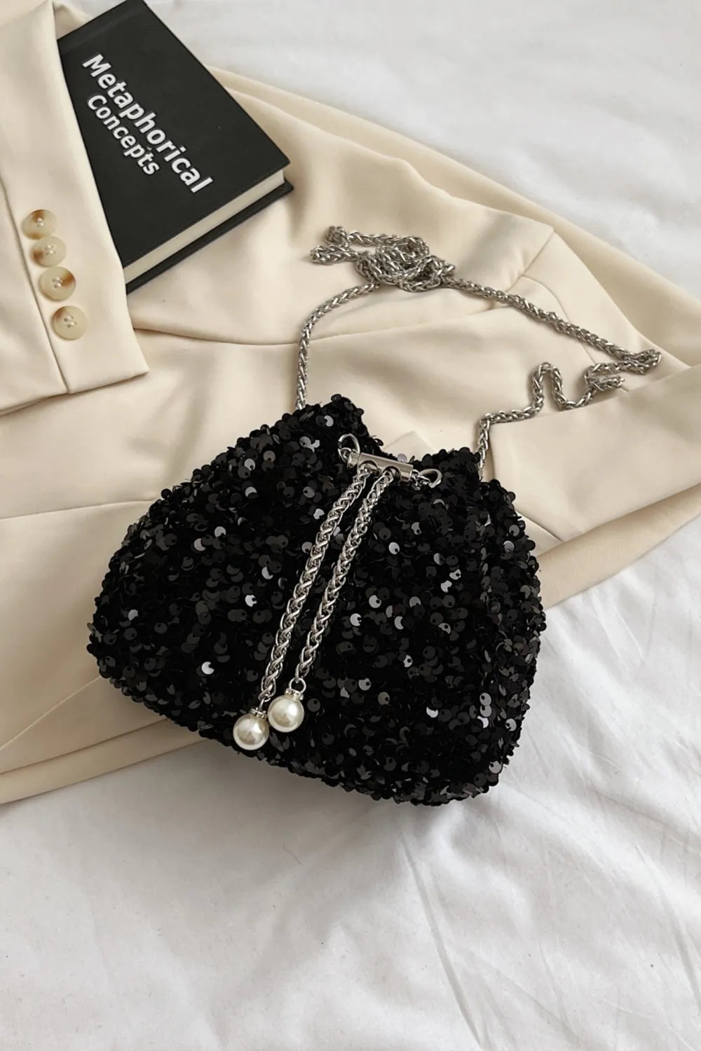 Sequin Chain Nylon Crossbody Bucket Bag