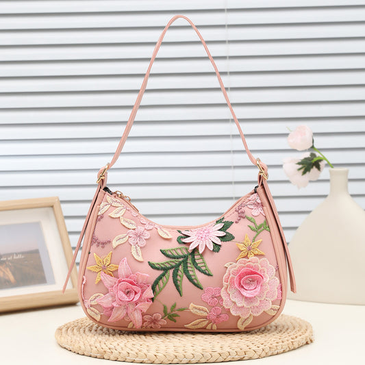 Cross-Border New Baguette Bag for Women, Underarm Bag for Women, 2025 New Shoulder Bag, Mesh Jacquard Embroidered Flower Bag