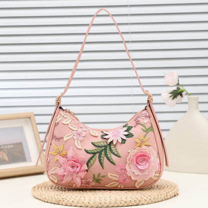 Cross-Border New Baguette Bag for Women, Underarm Bag for Women, 2025 New Shoulder Bag, Mesh Jacquard Embroidered Flower Bag