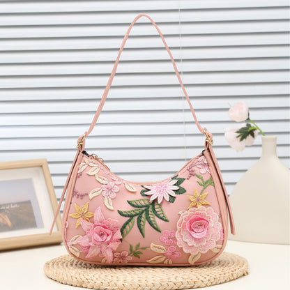 Cross-Border New Baguette Bag for Women, Underarm Bag for Women, 2025 New Shoulder Bag, Mesh Jacquard Embroidered Flower Bag